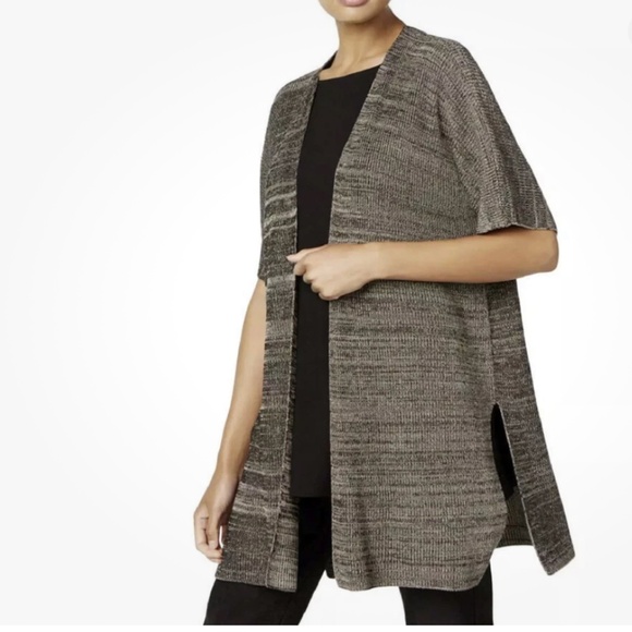 Eileen Fisher Sleek Tencel Knit Kimono Cardigan Sweater Black/Natural Size L/XL - Picture 2 of 14
